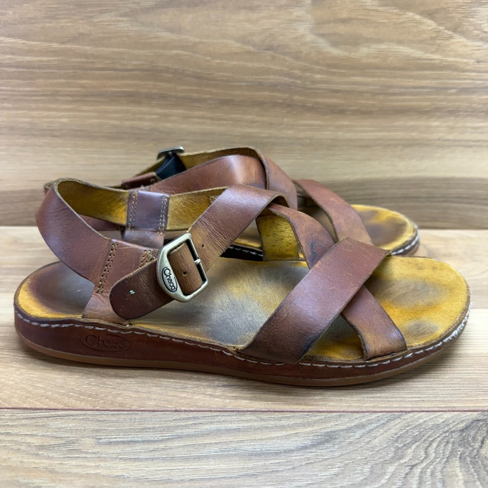 Chaco Caramel Strappy Sandals Womens 8 Brown Leather Buckle